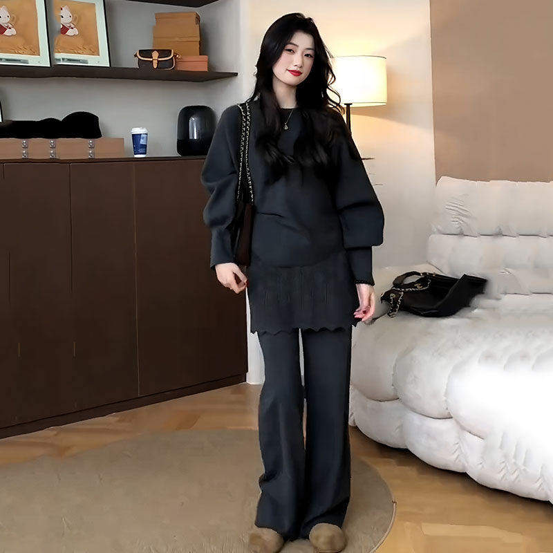 韩系温柔风圆领针织套装女春季新款屁帘休闲宽裤子毛衣两件式套装