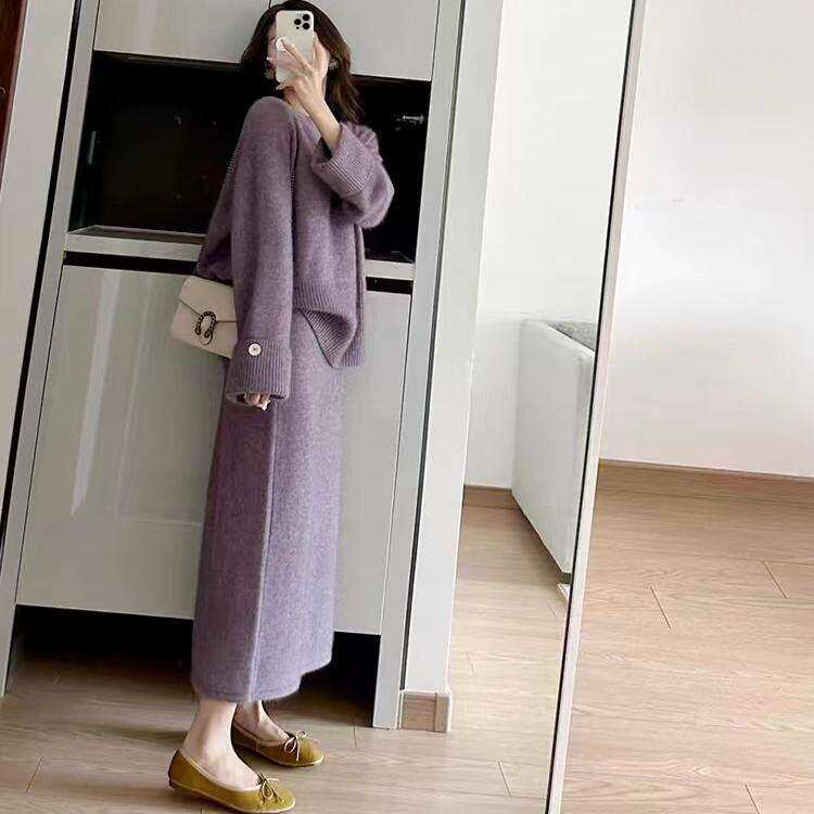 春秋装搭配一整套法式高级感欧货小香风紫色针织上衣半身裙两件套