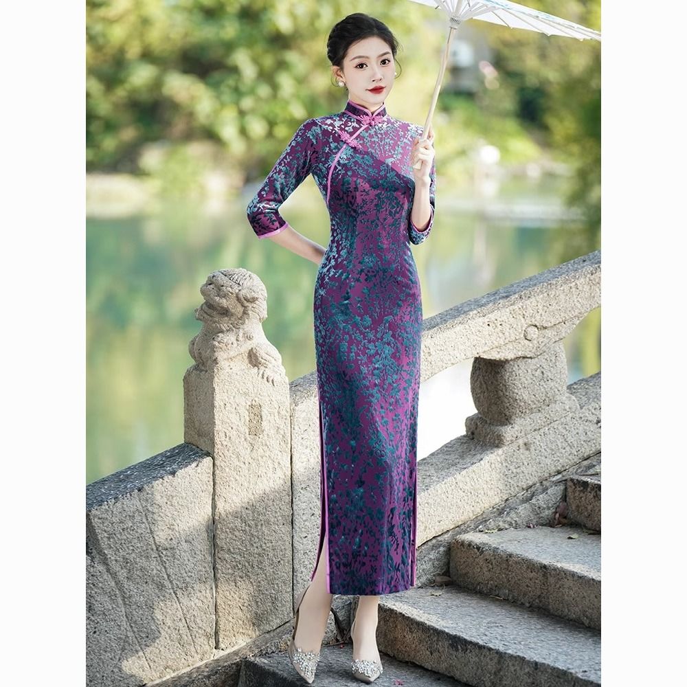 高档女士旗袍加长款紫色2