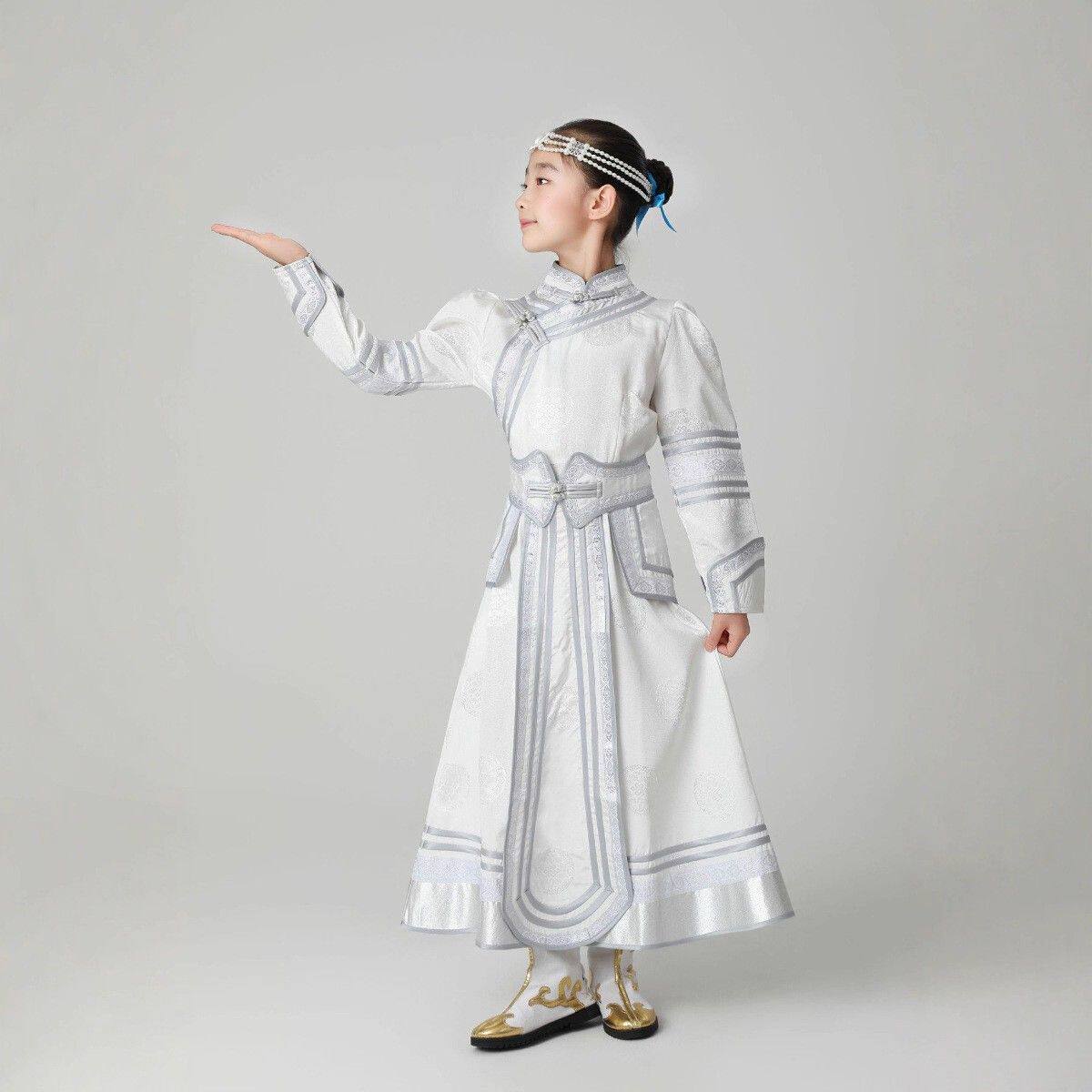 儿童蒙古袍旅拍摄影女长款蒙古族蒙古袍礼服舞蹈表演出服迎宾服装