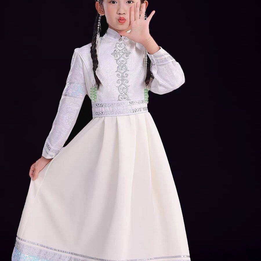 新款蒙古族儿童演出服女童六一少数民族舞蹈舞台表演服装连衣裙长