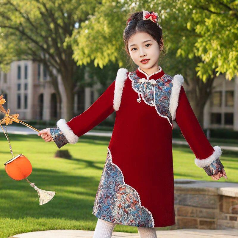 女童旗袍冬季中国风红色