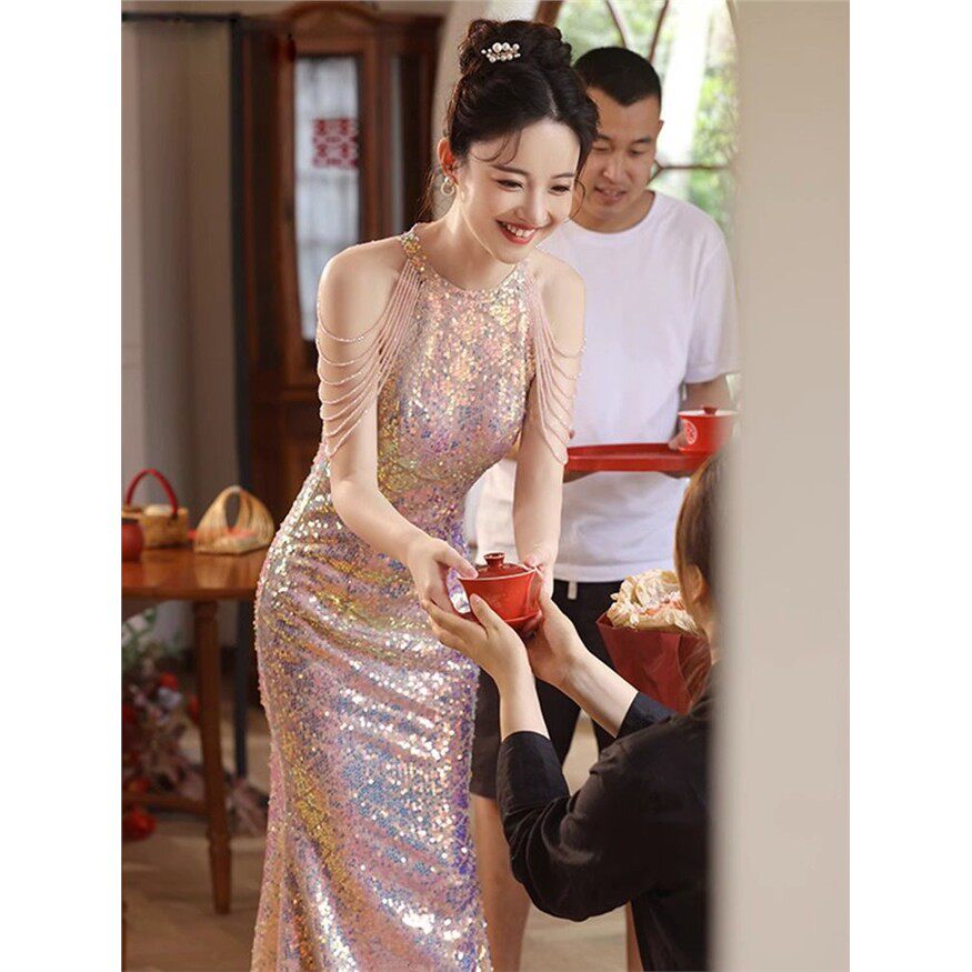 高档宴会晚礼服女2025新款高级感新娘订婚敬酒服亮片轻奢性感鱼尾
