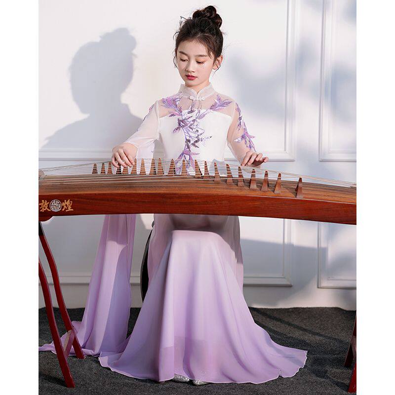 女童古筝演出服中国风紫