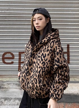 GGBAI 美式国潮豹纹高街小众连帽外套痞帅冬季棉服高级感夹克男女