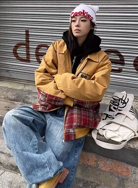 GGBAI 美式复古格子拼接撞色翻领外套宽松ins情侣夹克上衣秋冬潮