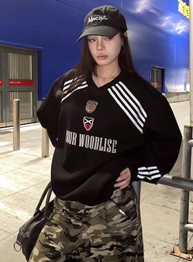 GGBAI 美式复古球衣长袖卫衣男女运动风薄款卫衣宽松休闲上衣情侣
