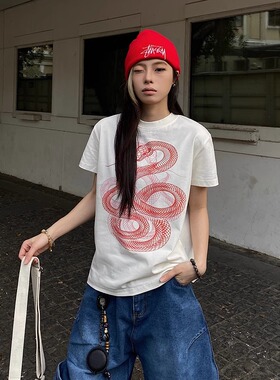 GGBAI 美式复古蛇纹印花圆领短款百搭短袖男女2025夏季新款正肩款