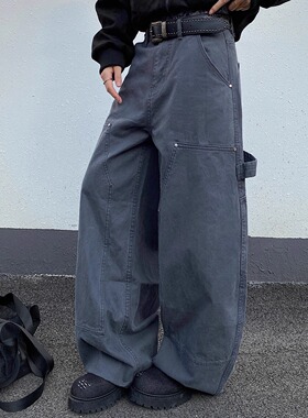 GGBAI 美式复古铆钉伐木工装裤男女宽松阔腿弯刀休闲长裤ins情侣