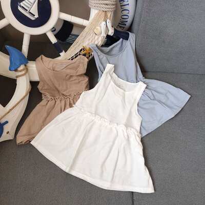 艾草夏季女童抽褶麻棉背心裙