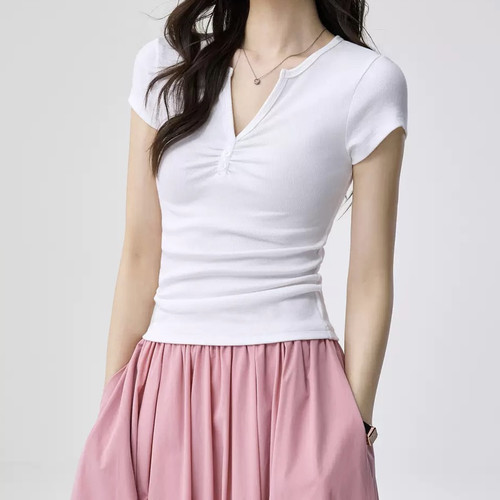 women summer t-shirt solid color top fashion tee v-neck slim