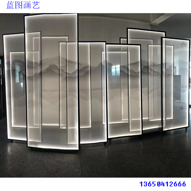 新款灯带滑轮双面半透明纱布画结实玻璃透纱片防水火铝合金框屏风