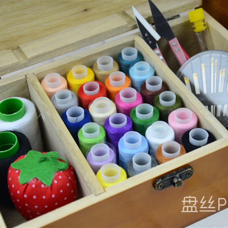 包邮盘丝香樟木实木针线盒古典风针线套装缝纫线手缝家用针线木盒