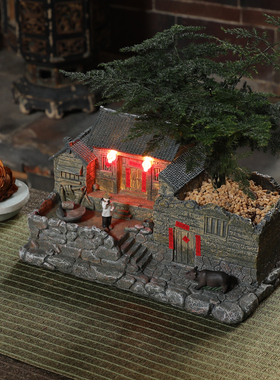 农家小院摆件盆景客厅茶室博古架装饰品桌面微景观造景老房子模型