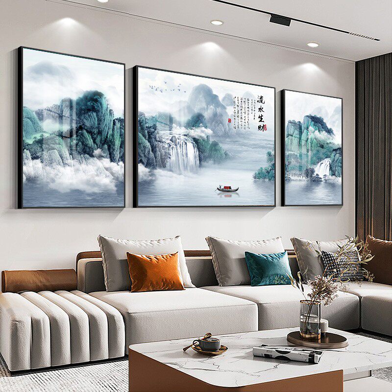 流水生财十字绣2023新款线绣客厅中式风景山水三联画手工自己刺绣