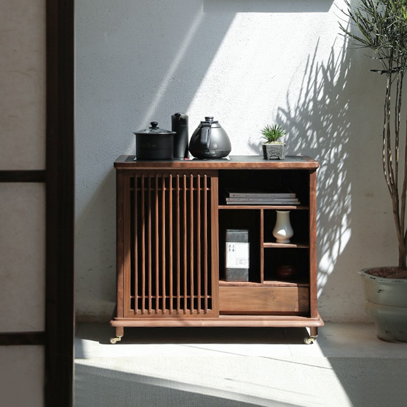 璞木新中式移动茶水柜实木黑胡桃烧水柜下置水桶茶边柜白蜡木矮柜