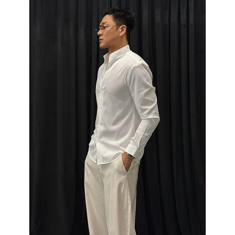 SONGCRAFT 新中式立领纯色衬衫透气冰凉感通勤休闲百搭垂感男长袖