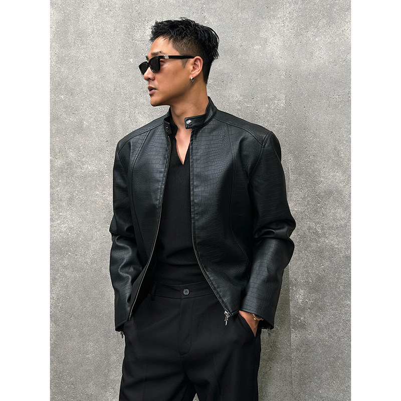 SONGCRAFT 潮流肌理感压纹机车PU皮衣男小众立领骑行风痞帅上衣