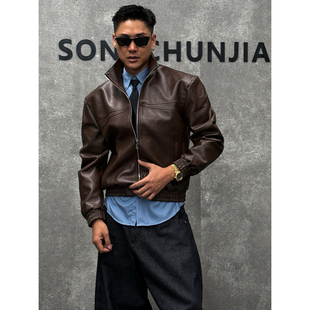 宋春江同款 秋季复古翻领皮夹克短款男机车潮流工装多裁片pu外套