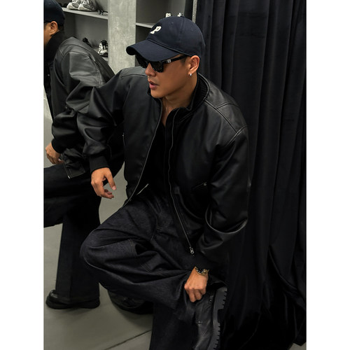 宋春江同款 秋冬新款廊形bomber皮衣夹棉男外套短宽显瘦机车服