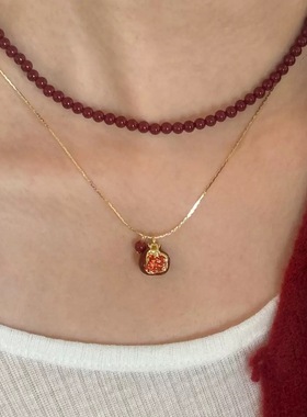 石榴红了复古锁骨链小众红石榴珍珠吊坠项链百搭2026新年礼物