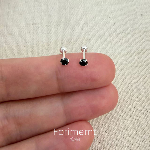 S999纯银mini黑色小石头耳钉螺丝扣养耳洞百搭耳骨钉睡觉免摘耳饰