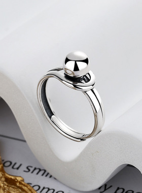云潮轩S925纯银欧美简约冷淡风几何圆球独特设计感开口戒指男女