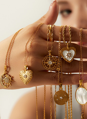 万兴欧美复古不锈钢贝母爱心项链高级感钛钢不褪色首饰品颈链