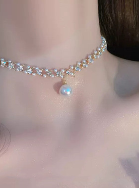 纯欲风闪钻珍珠项链女2024年新款潮轻奢小众设计高级感锁骨链颈链