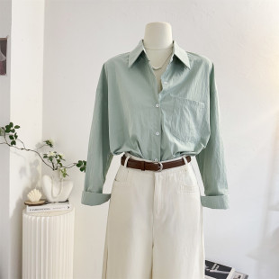 宽松休闲通勤衬衣韩系上衣 女2026春新款 肌理感浅绿色翻领长袖 衬衫