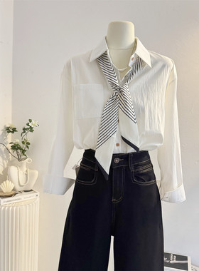 白色POLO领长袖衬衫女2025秋季设计感配丝巾宽松休闲气质通勤衬衣