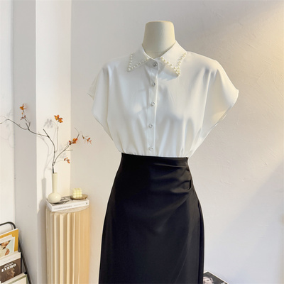 法式气质钉珠翻领缎面短袖衬衫女