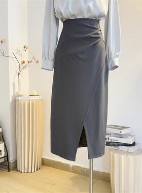高级感灰色开叉半身裙女春夏中长款高腰a字包臀显瘦气质西装裙子