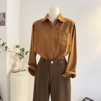 宽松休闲复古灯芯绒长袖衬衫女