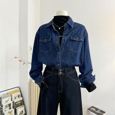 长袖牛仔衬衫口袋不卷边港风宽松
