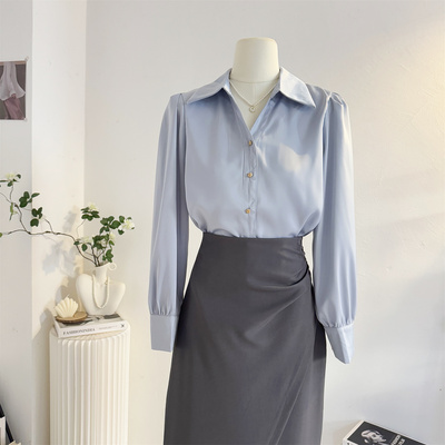 法式垂感气质V领缎面长袖衬衫女