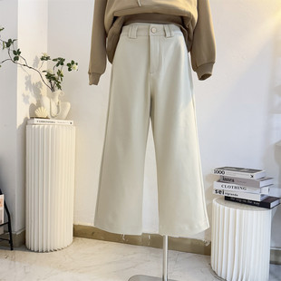 奶杏色九分毛呢西装裤九分直筒裤女2025秋冬显瘦小个子窄版阔腿裤