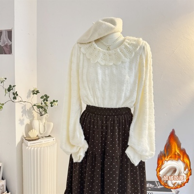 法式加绒加厚娃娃领蕾丝衫衬衫女