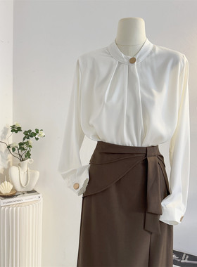 法式气质立领白色长袖衬衫女2025秋季设计感通勤衬衣垂感正装上衣