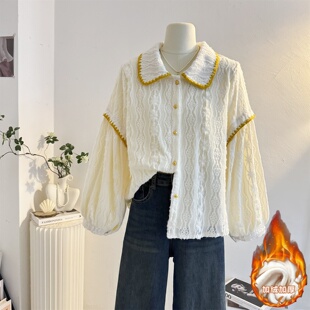 加绒加厚娃娃领长袖衬衫女2025秋冬季宽松减龄灯笼袖蕾丝小衫上衣