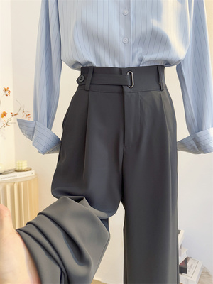 灰色西装裤女2025春夏季高腰直筒宽松垂感窄版阔腿裤显瘦休闲西裤