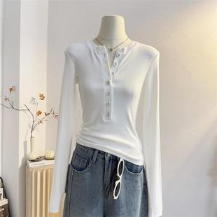 复古美式纽扣半开V领长袖T恤女2025春修身纯色内搭打底衫正肩上衣
