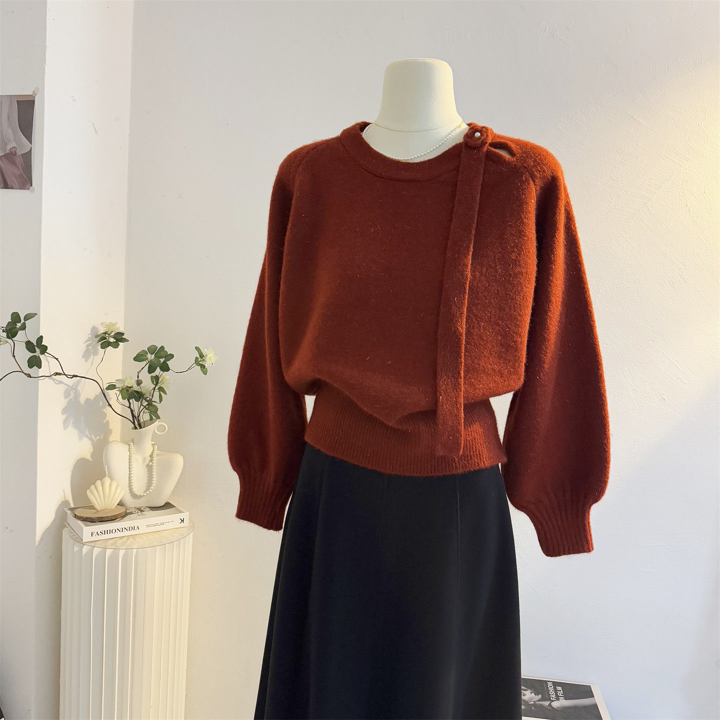 复古红色飘带毛衣女2025秋冬季设计感韩系立体花朵套头针织衫上衣,女装/女士精品,毛衣,淘宝优惠券,粉丝福利购,淘宝优惠卷