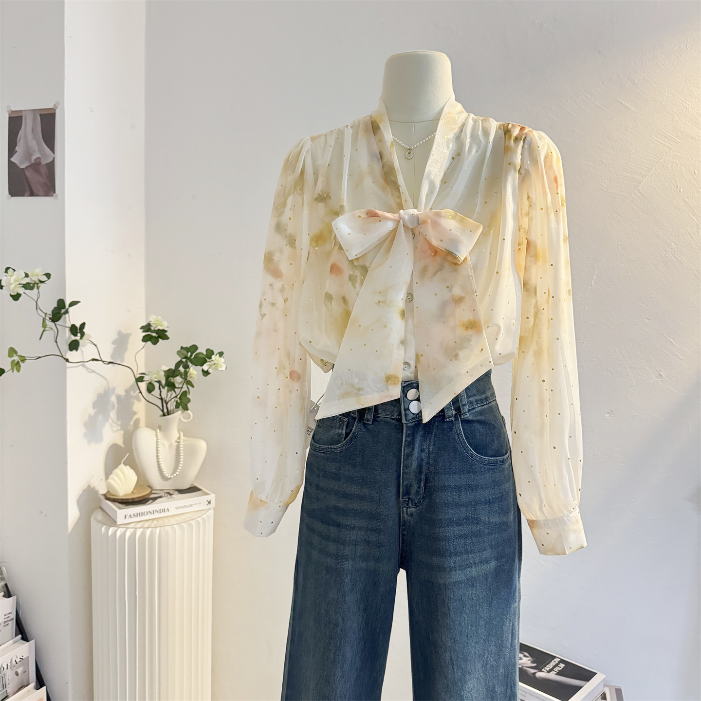 法式晕染印花系带蝴蝶结长袖衬衫