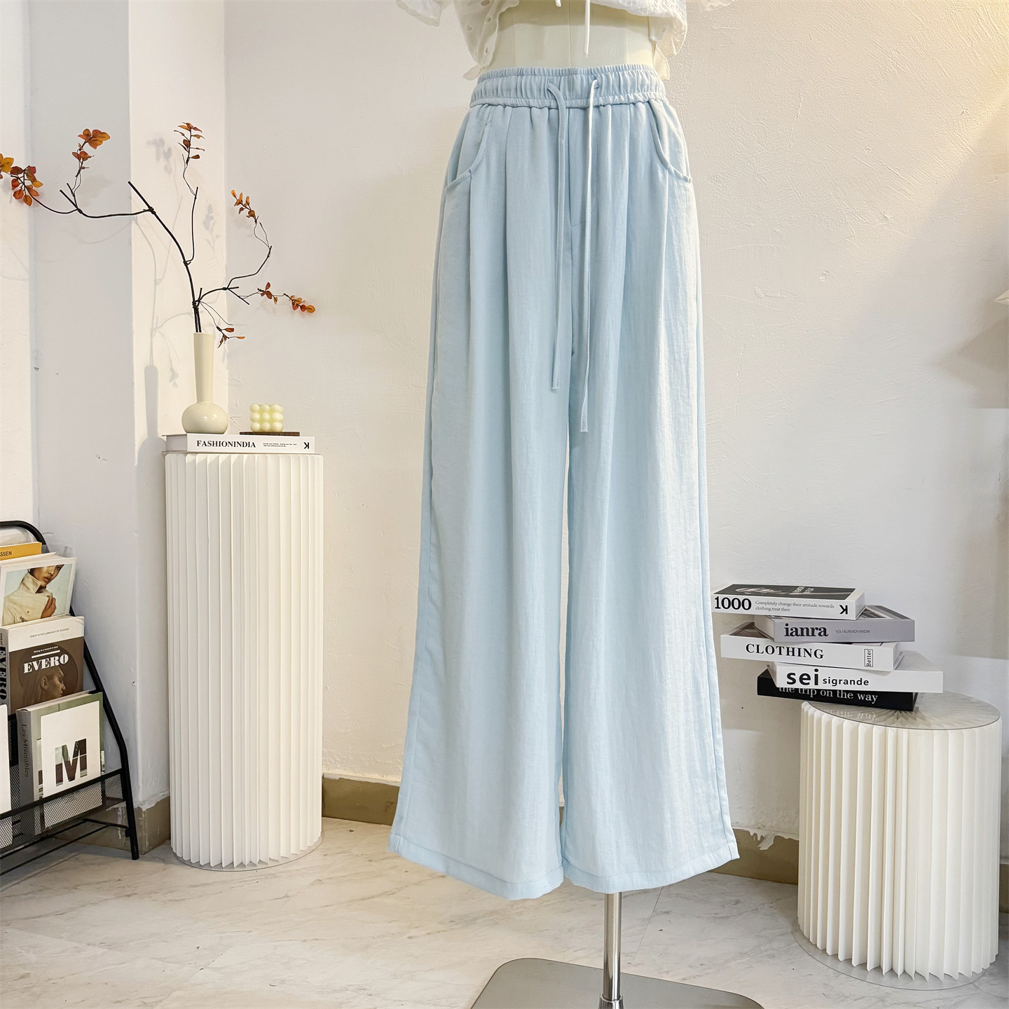 浅蓝色冰丝阔腿裤女2025夏季系带松紧高腰宽松薄款休闲裤山本裤子