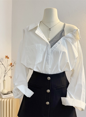 设计感吊带一字肩白色长袖衬衫女2025春季宽松假两件衬衣露肩上衣