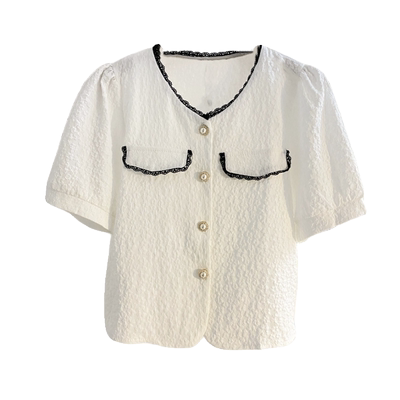 短款小香风短袖雪纺蕾丝花边衬衫