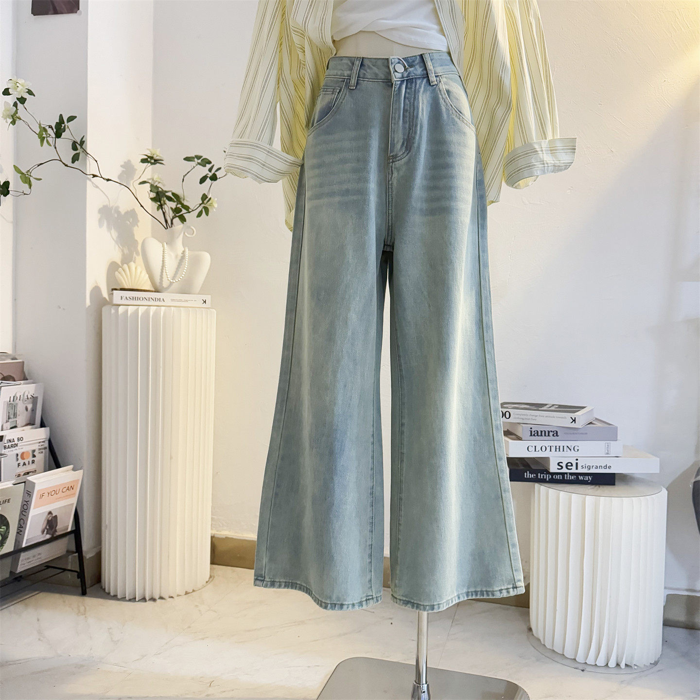 复古浅蓝色高腰阔腿牛仔裤女2026春夏宽松显瘦拖地直筒裤子小个子,女装/女士精品,牛仔裤,淘宝优惠券,粉丝福利购,淘宝优惠卷