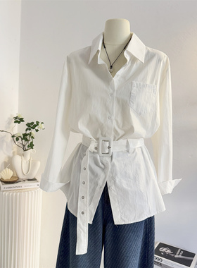 腰带设计感收腰白色长袖衬衫女2025秋季休闲气质通勤衬衣中长款