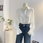 法式 衬衣 女2025秋设计感宽松气质通勤长袖 风琴压褶喇叭袖 白色衬衫
